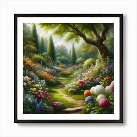 Realistic Oil Painting Of A Lush Garden Bursting With Colorful Flowers And Greenery, Style Realistic Oil Painting Art Print