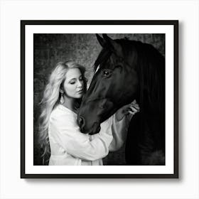 Woman And Stallion Rendered In Timeless Black And White Juxtaposed Against An Abstract Textured Ba Art Print