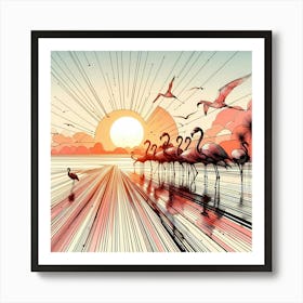 Red Flamingos at Morning - Abstract Line Art Illustration 172 Art Print