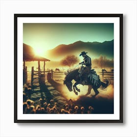 Cowboy taming Wild  Horse Art Print