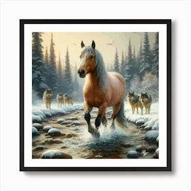 Beautiful Horse In Stream With Wolves 2 Art Print