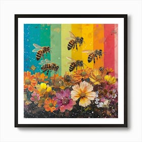 Rainbow Floral Bee Collage 1 Art Print