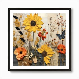 Sunflowers And Butterflies, Design An Eclectic Collage With A Combination Of Fabric Swatches Dried Flowers Art Print