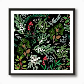 Christmas Botanical Leaves - Greens Black Art Print