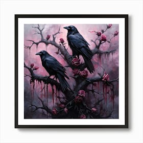 Gothic Style Digital Painting Of Black Crows Perched On Intertwining Thorny Branches Amidst Barren Art Print