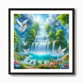 Angels And Waterfall Art Print