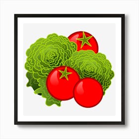 Vegetables Lettuce Tomato Salad Plants Vegetable Garden Tasty Cool Fruit And Vegetables Nature Stylized Design Isolated Elements Group Green Red Pulp Nutrition Diet Food Vitamin Art Print