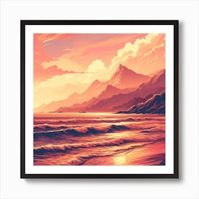 Evening Rosegold Beach at sunset amidst the mountains in an art print 2 Art Print