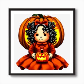 Halloween Girl With PumpkinTeddy Art Print