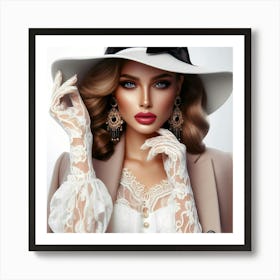 Beautiful Woman In White Hat Art Print