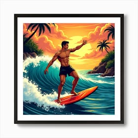 Surfer Man On Surfboard At Sunset Poster