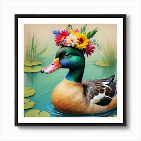 Duck With Flowers 2 Art Print