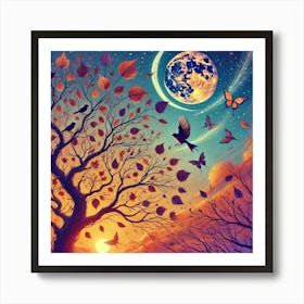 Moon And Birds In The Sky Art Print