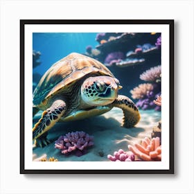 Sea Turtle On Coral Reef Art Print