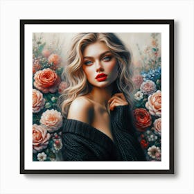 Beautiful Girl With Roses Art Print