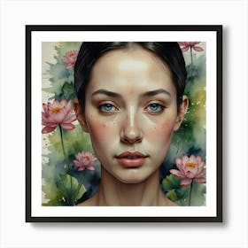 Portrait Of A Woman With Lotus Flowers Art Print