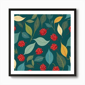 Seamless Pattern With Red Berries And Leaves Art Print