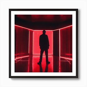 The Image Depicts A Person Standing In A Dark, Futuristic Room With A Large Red Light Emanating From The Center 1 Art Print