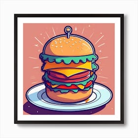 Burger On Plate On Table Sticker 2d Cute Fantasy Dreamy Vector Illustration 2d Flat Centered (23) Art Print