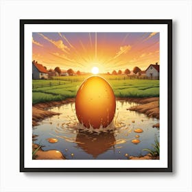 A Comic Book Style Illustration Of A Golden Egg Splashing Into A Puddle Of Water On A Farm At Sunset Art Print