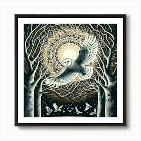 Silkscreen and Metaphysical Art: Oliver Vernon's White Owl Soars amid Glowing Contrasts by Pratt, Kinnaird, Wishart, and Morley. Art Print