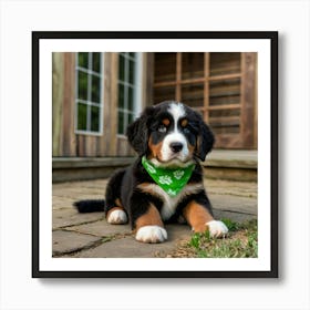 Bernese Mountain Dog puppy with brown eyes, wearing a bright green bandana with white designs. The image should capture Lemmy in an adorable, eye-catching pose that embodies the playful and loving nature of a puppy. The image should be in the vivid and detailed 3d animation. Set the background to a front porch, in the background you can see 3 pairs of girls shoes, 2 toddler size and one teenagers making it colorful and engaging. 3 Art Print