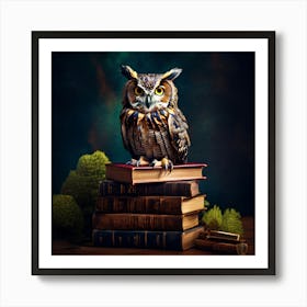 Owl On Books, An Owl Perched On A Stack Of Books Symbolizing Wisdom And Learning 8 Art Print