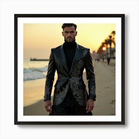 Man In Black Suit On The Beach Art Print