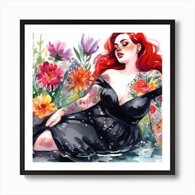 Plus size tattooed woman, sitting in water | colorful | watercolor art Art Print