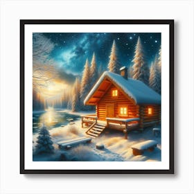 Cabin At Night Art Print