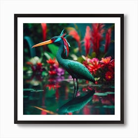 Rainforest Water Bird with Jade Plumage and Red Crest Art Print