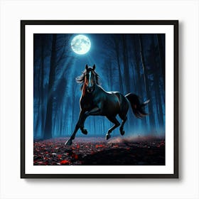 Horse Galloping In The Forest At Night 1 Art Print