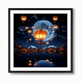 Hot Air Balloons In The Sky. Photo Of Lantern In The Sky With Moon. Celestial Celebration: Sky Lanterns, Hot Air Balloons and the Moon Over the City. Art Print