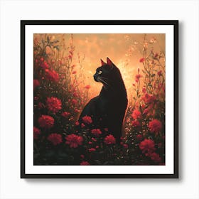 Black Cat in a Floral Sunset Garden 8 Art Print