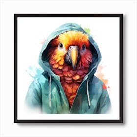 Watercolour Cartoon Parrot In A Hoodie Art Print