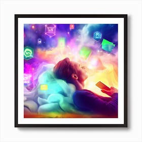 Man Sleeping In The Cloud Future Of Mobile Applications Development In Colorful Dreaming Life Art Print