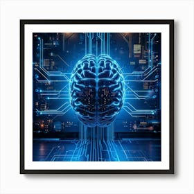 Abstract Illustration Of A Human Brain Replete With Circuit Lines And Integrated Chips Elements Rep Art Print