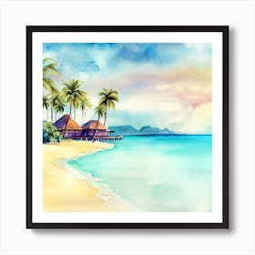 Watercolor Tropical Beach With Palm Trees, Bora Bora Art Print