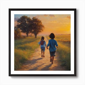 Two Children Walking Together At Sunset Art Print