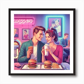 Retro Couple At The Diner Art Print