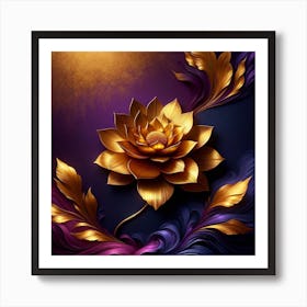 Golden Lotus Flower On Purple Background Art Print