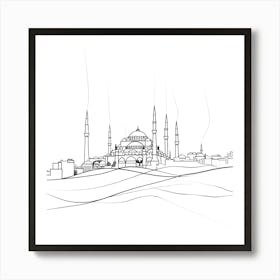 Blue Mosque In Istanbul, minimalist, line art, black and white. Art Print