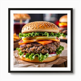 Hamburgers On A Wooden Table Art Print