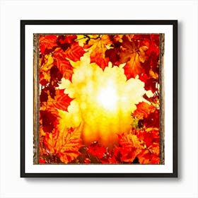 An Array Of Sun Kissed Leaves In Blazing Autumn Hues Captured Within An Ornate Seasonal Frame With (3) Art Print