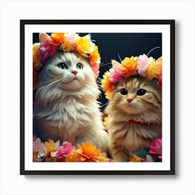 Two Cats Wearing Flower Wreath Crowns 1 Art Print