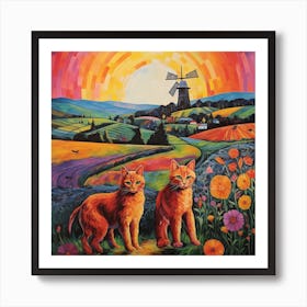 Cats In The Field With A Medieval Village In The Background 4 Art Print