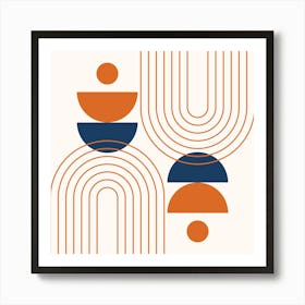 Modern Mid Century Sun, Moon Phases and Rainbow Abstract 22 in Navy Blue and Burnt Orange Art Print