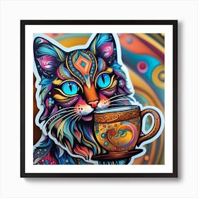 Cat With A Cup Of Coffee Whimsical Psychedelic Bohemian Enlightenment Print 1 Art Print