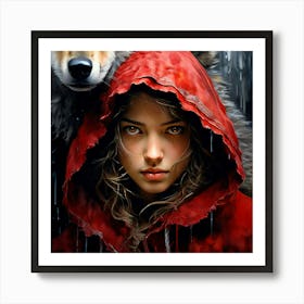 Watercolor Little Red Riding Hood With Yellow Eyed Wolf Behind Studio Photography Art Print