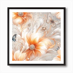Wallpaper With Orange Flowers And Butterflies Art Print